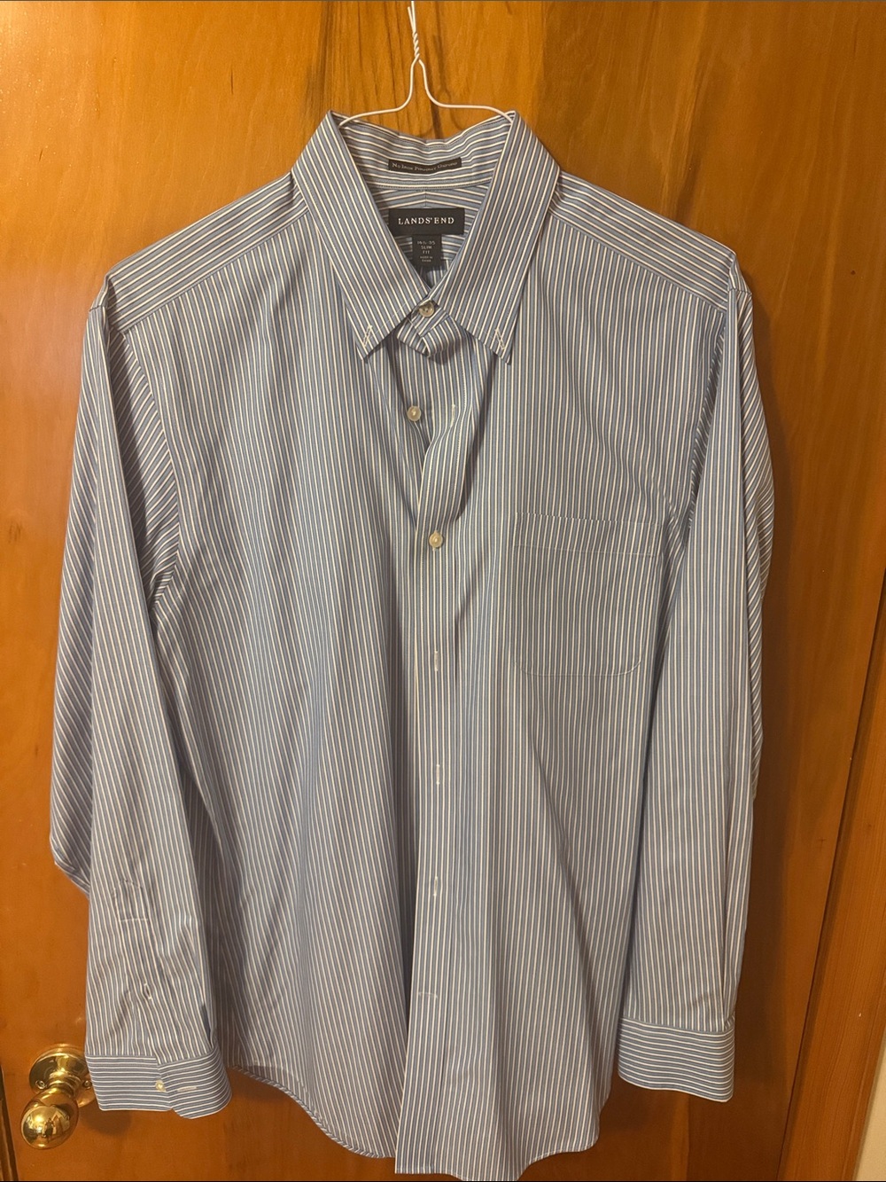 Lands' End Men's Light Blue and White Pinstripe Dress Shirt